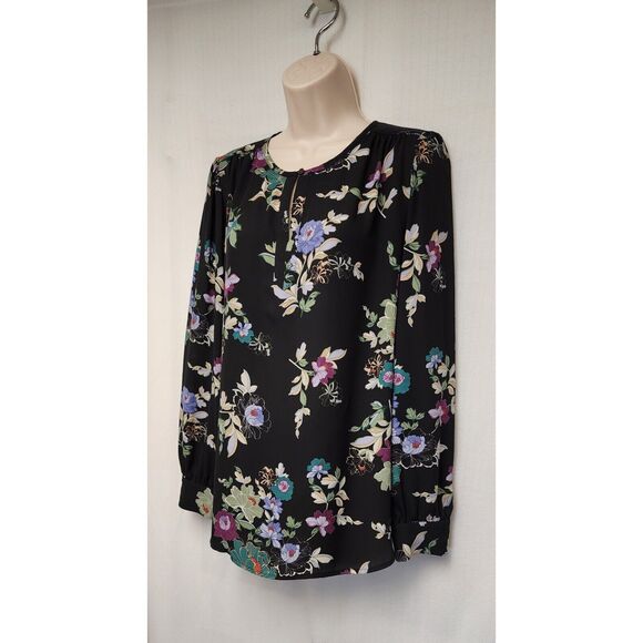 Ann Taylor LOFT Floral Keyhole Tunic Blouse Top Size Small Multicolor Black - Picture 5 of 10